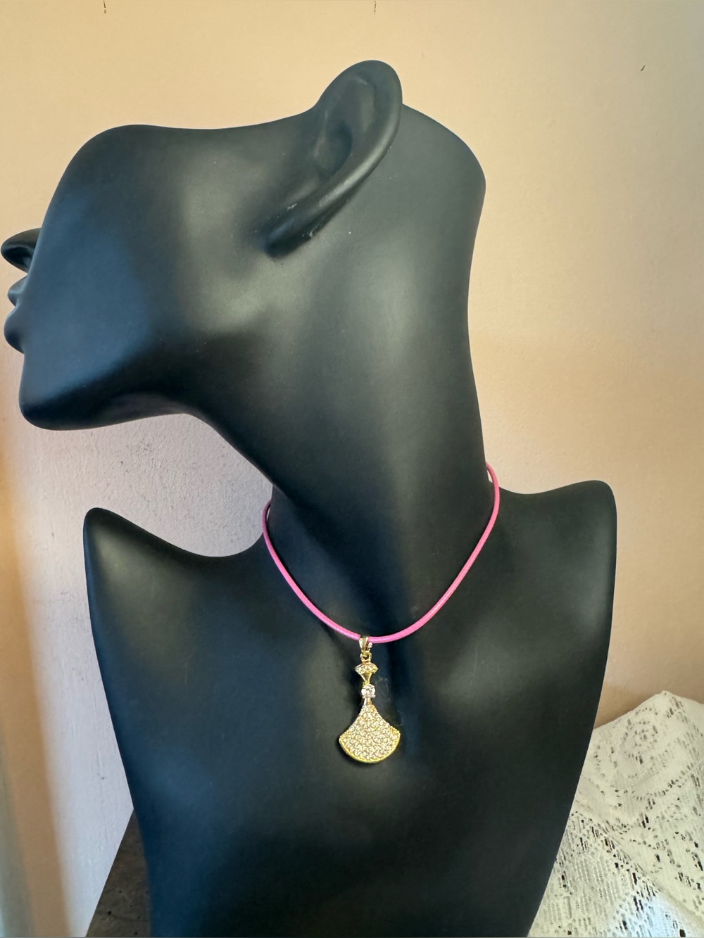 Gold Pavé Pendant Necklace on Pink Cord